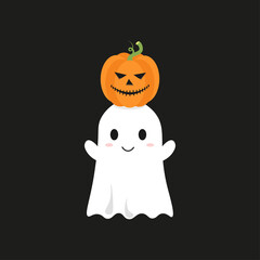 Happy Halloween greeting card vector illustration, Boo! with flying ghost and spider web on orange background.
