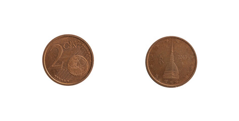 2 cent Euro coin from Italy with Mole Antonelliana, obverse and reverse. Coined in 2015.