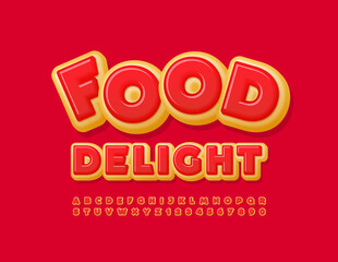 Vector bright Emblem Food Delight. Red Glazed Font. Sweet Donut Alphabet Letters and Numbers