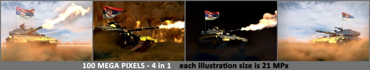 4 detailed images of heavy tank with design that not exists and with Serbia flag - Serbia army concept, military 3D Illustration
