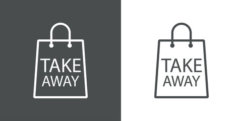 Logotipo con texto Take Away en silueta de bolsa de la compra con lineas en fondo gris y fondo blanco