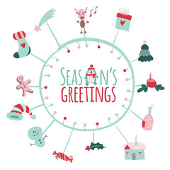 Christmas post card with merry xmas doodles and modern Christmas insignia. Callygraphic logo. Vector