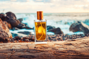 A golden transparent perfume bottle with drops on a sea log. Close-up. In the background, the ocean. Concept of International Fragrance Day - obrazy, fototapety, plakaty
