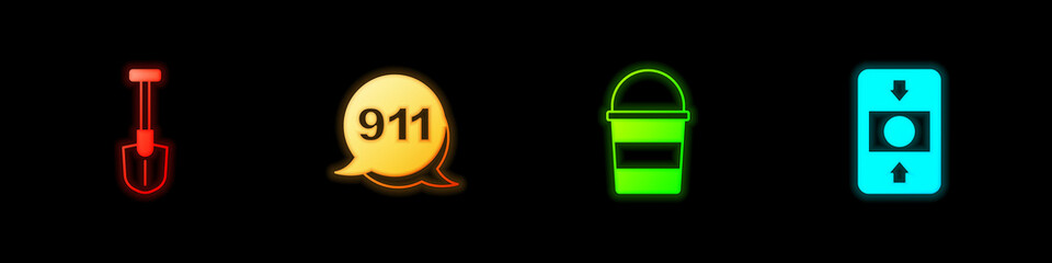 Set Fire shovel, Emergency call 911, bucket and alarm system icon. Vector