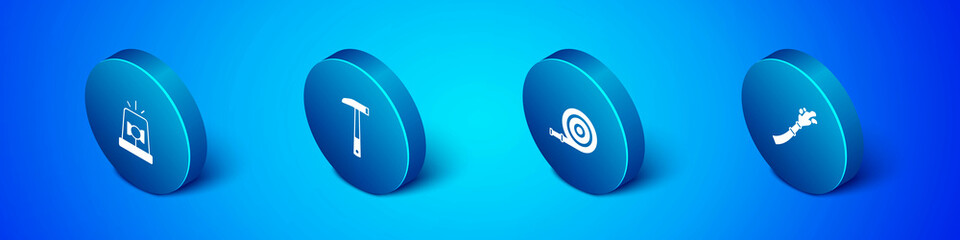 Set Isometric Flasher siren, Fire hose reel, and Firefighter axe icon. Vector