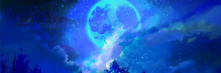 Illustration of night sky with creepy full blue moon