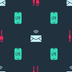 Set USB cable cord, Mail and e-mail and LTE network on seamless pattern. Vector