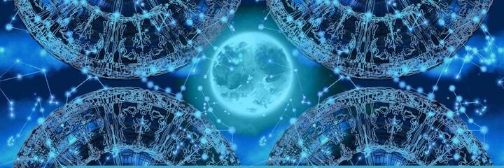 Illustration of night sky with creepy full blue moon beyond mysterious horoscope shape	
