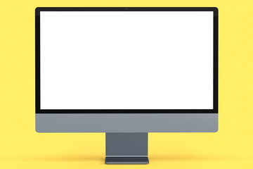 Realistic grey computer screen display with keyboard and mouse on yellow