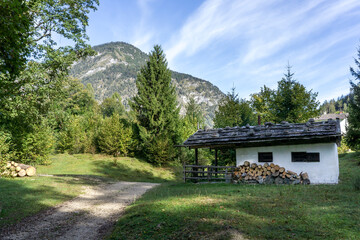 Fototapeta na wymiar old cabin, hut in the woods with mountains