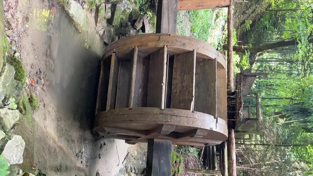 The water mill in the forest is spinning slowly. Vertical video frame 9:16