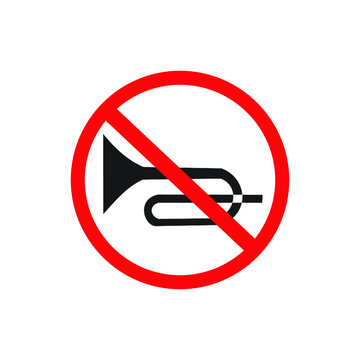No horn, trumpet prohibition sign, vector illustration.