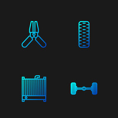 Set line Chassis car, Car radiator cooling system, battery jumper power cable and tire wheel. Gradient color icons. Vector