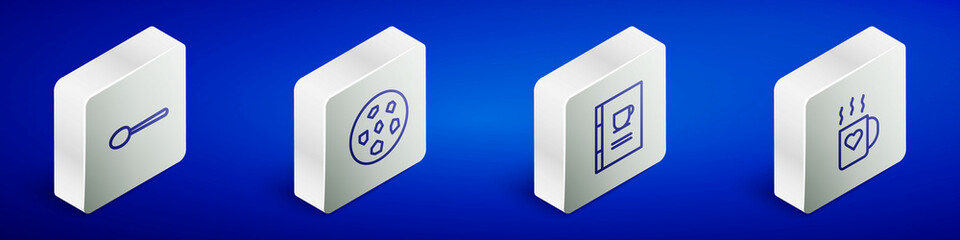 Set Isometric line Spoon, Cookie or biscuit, Coffee book and cup and heart icon. Vector