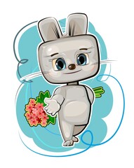 Cute kid Hare stretches out his hand suggest friendship. He wants to give a bouquet of flowers. Funny child animal. Illustration for children. Isolated on white background. Vector
