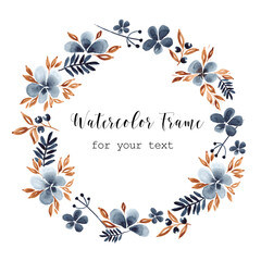 Watercolor wreath floral frame with roses, leaves, branches, herbs isolated on a white background. Floral greeting card or invitation. Brown and indigo color