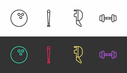 Set line Bowling ball, Baseball bat, Fencing helmet mask and Dumbbell on black and white. Vector