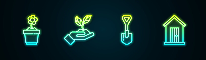 Set line Flower in pot, Plant hand of environmental, Shovel and Farm house. Glowing neon icon. Vector