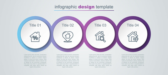 Set line House with percant discount, heart shape, Search house and Location. Business infographic template. Vector