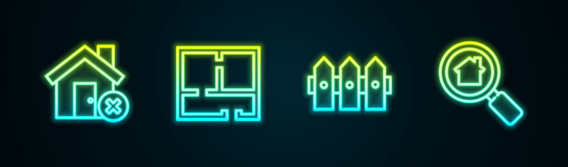 Set line House with wrong mark, plan, Garden fence wooden and Search house. Glowing neon icon. Vector