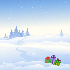 Vector illustration of Christmas gifts in snow, winter landscape background