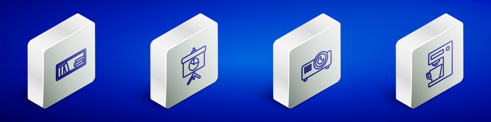 Set Isometric line Shelf with books, Chalkboard diagram, Movie, film, media projector and Coffee machine icon. Vector