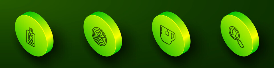 Set Isometric line Identification badge, Target sport, Cup of tea with tea bag and Magnifying glass for search people icon. Vector