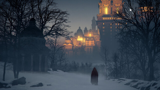 Monk walking in a snowy forest in winter to reach an ancient cathedral in the mist of evening with sunray reflecting on church windows foreground out of focus- concept art - 3D rendering