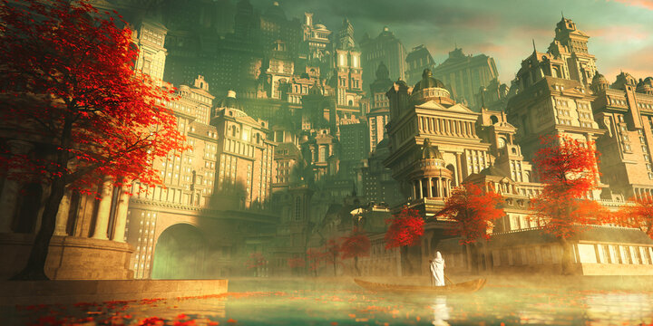 Priest on a boat sail to the ancient city of religions in beautiful sunlight with red trees and leaves, foreground out of focus - concept art - 3D rendering
