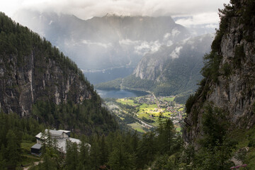 View from the top of the mountain to the Hallstatter lake in Upper-Austria, Salzkammergut