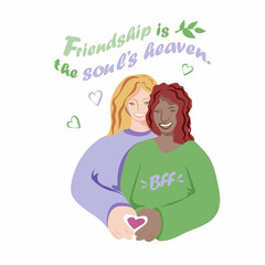 Cute girls make heart with their hand. Pretty hair design. Happy friendship concept. Flat vector illustration isolated.