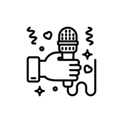 Entertainment: hand with microphone thin line icon. Karaoke, interview, singer symbol. Modern vector illustration.