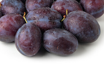 Plums with drops. background of beautiful home plums