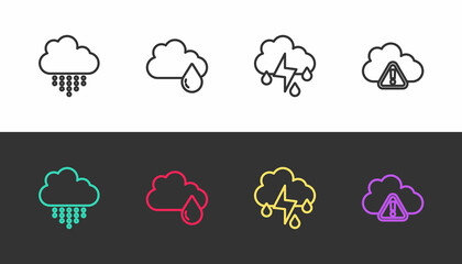 Set line Cloud with rain, , and lightning and Storm warning on black and white. Vector