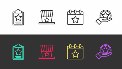 Set line USA Independence day, Patriotic American top hat, Calendar with date July 4 and on black and white. Vector