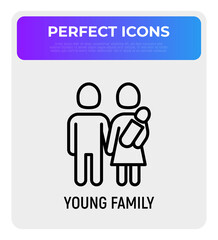 Silhouette of young family, man, woman and newborn thin line icon. Modern vector illustration.