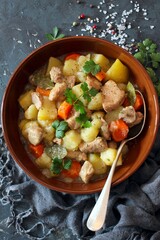 Meat stewed with vegetables in a bowl. Top view with copy space.