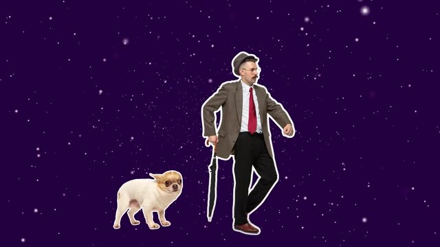 Fun walk. Retro businessman in hat going with dog. Looped animation. 4k. Stop motion design or art 2D animation. Funny man. Modern, conceptual, contemporary art collage. Good mood concept