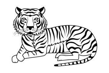 Fototapeta na wymiar Coloring book tiger. Black and white resting tiger on a white background. Silhouette, logo, tattoo tiger. Lying tiger. 2022 - tiger according to the Eastern calendar.