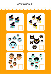 Fototapeta premium Happy Halloween Math Game for kids with Monsters. Mathematical practice. Education Game for Children. How mach and how many.