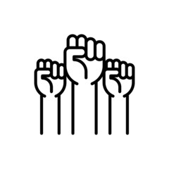 Obraz premium Fighting for rights thin line icon, three raised hands with fists. Modern vector illustration of revolution.