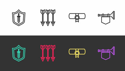Set line Medieval shield with sword, Crossed arrows, Decree, parchment, scroll and Trumpet flag on black and white. Vector
