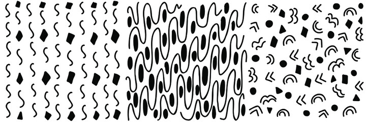 A collection of textures with different abstract backgrounds. In the technique of drawing with ink by hand. Spots, lines, stripes, grid, hatching, Scandinavian style.