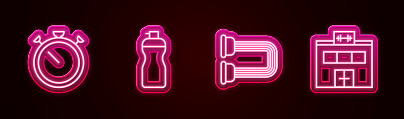 Set line Stopwatch, Fitness shaker, Chest expander and Gym building. Glowing neon icon. Vector