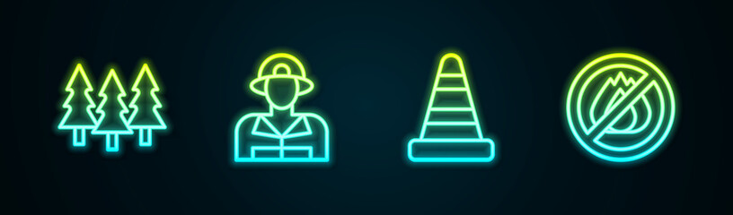 Set line Forest, Firefighter, Traffic cone and No fire. Glowing neon icon. Vector