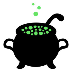A pot of boiling potion. Silhouette. Bubbles of green color fly upwards. Vector illustration. Isolated white background. Witch brew in a metal pot. Halloween symbol. Decoration for All Saints Day. 