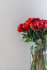 Close up bouquet of fresh dark red roses on neutral background with space for text