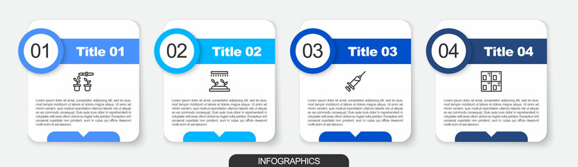 Set line Pipette and plant, Automatic irrigation sprinklers, Syringe and Periodic table. Business infographic template. Vector