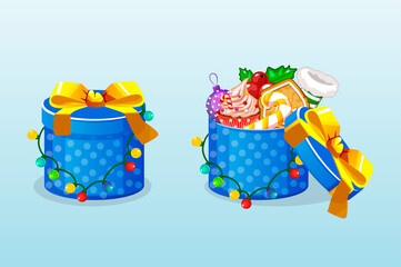 Christmas blue boxes with candy and garland for graphic design.