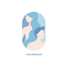 Beauty haircut salon logo. Woman and man with beautiful hair stand back to back. Vector illustration design